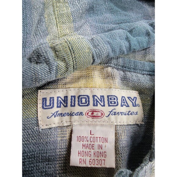 Vintage Union Bay Hoodie Mens L Blue Yellow Plaid Distressed Bleached Grunge Y2K - Picture 2 of 15